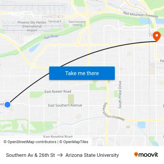 Southern Av & 26th St to Arizona State University map