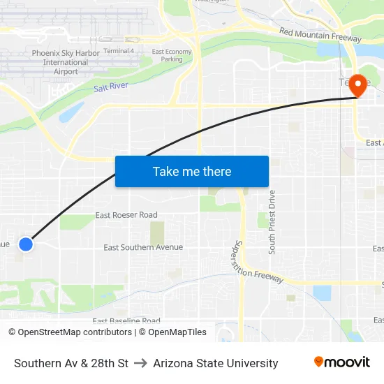 Southern Av & 28th St to Arizona State University map