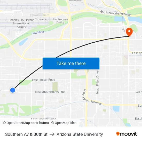 Southern Av & 30th St to Arizona State University map