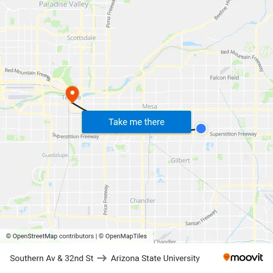 Southern Av & 32nd St to Arizona State University map