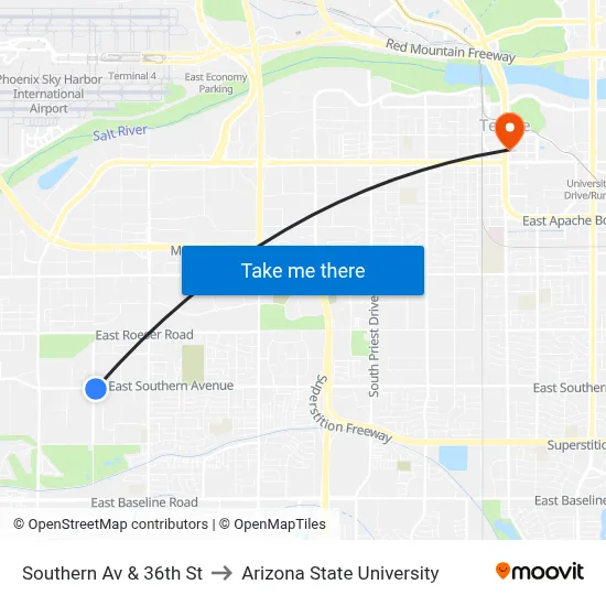 Southern Av & 36th St to Arizona State University map