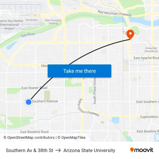 Southern Av & 38th St to Arizona State University map