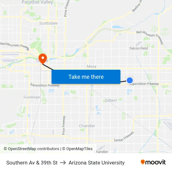 Southern Av & 39th St to Arizona State University map