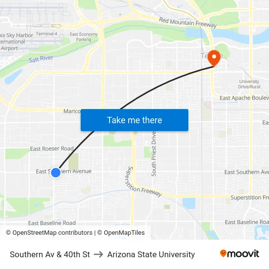 Southern Av & 40th St to Arizona State University map