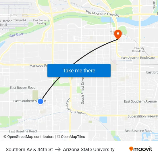 Southern Av & 44th St to Arizona State University map