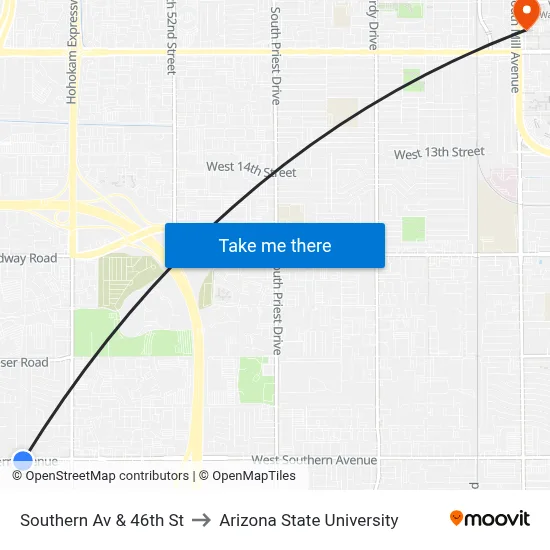 Southern Av & 46th St to Arizona State University map