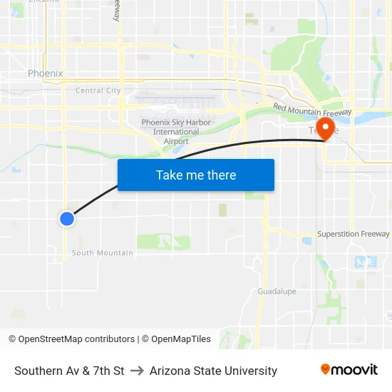 Southern Av & 7th St to Arizona State University map