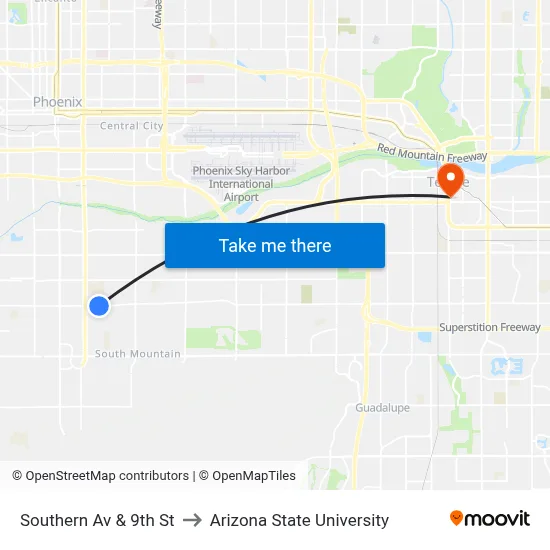 Southern Av & 9th St to Arizona State University map