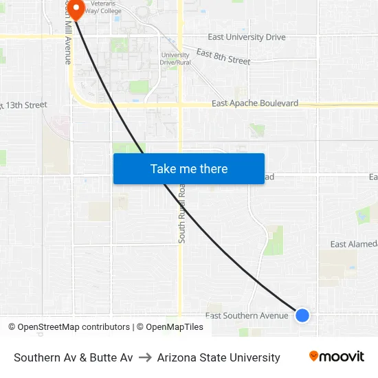 Southern Av & Butte Av to Arizona State University map
