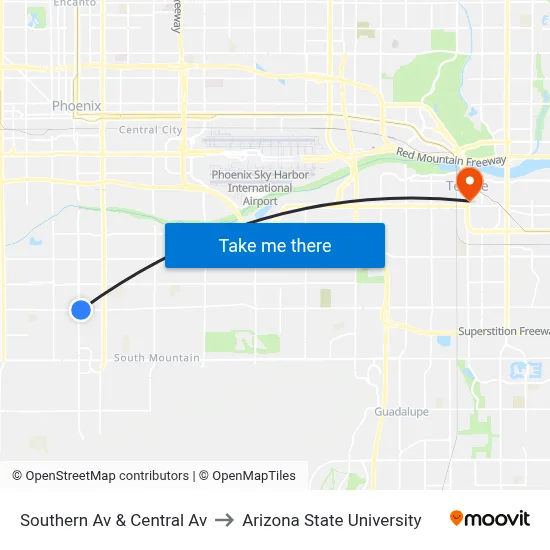 Southern Av & Central Av to Arizona State University map