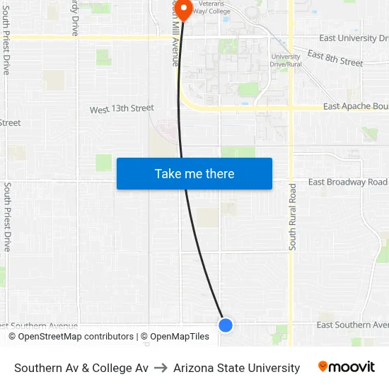 Southern Av & College Av to Arizona State University map