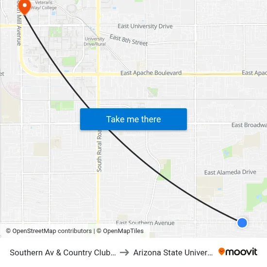 Southern Av & Country Club Wy to Arizona State University map