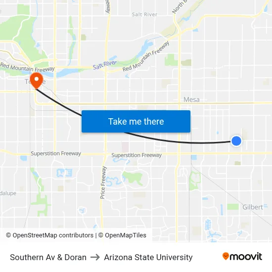 Southern Av & Doran to Arizona State University map
