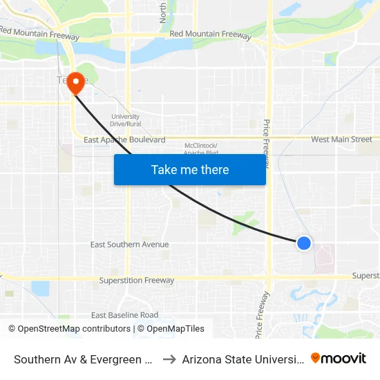 Southern Av & Evergreen Rd to Arizona State University map