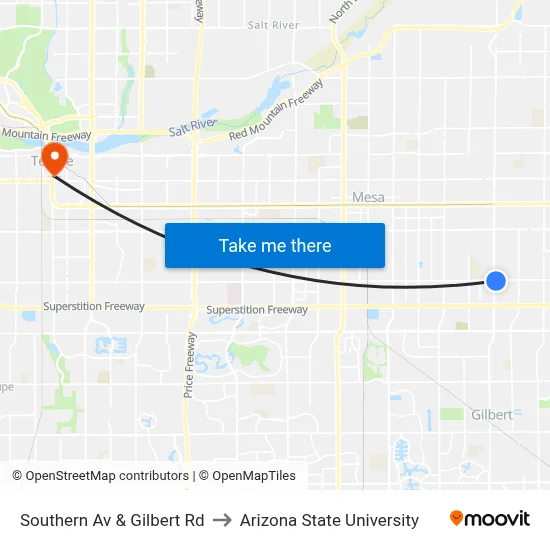 Southern Av & Gilbert Rd to Arizona State University map