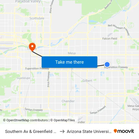 Southern Av & Greenfield Rd to Arizona State University map