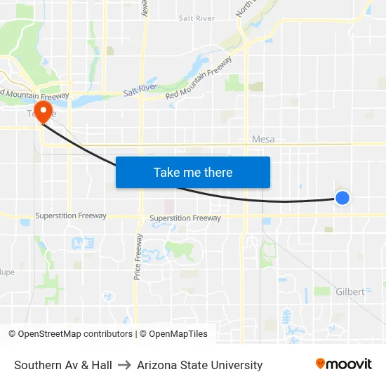 Southern Av & Hall to Arizona State University map