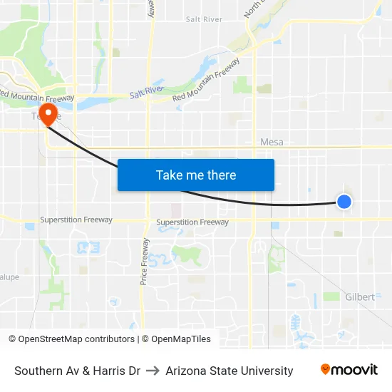 Southern Av & Harris Dr to Arizona State University map