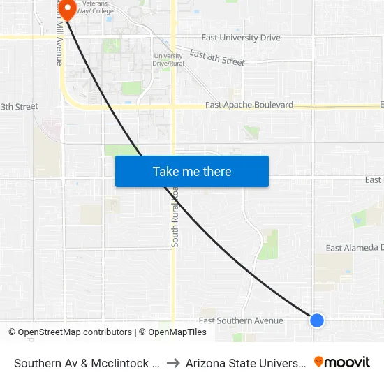 Southern Av & Mcclintock Dr to Arizona State University map