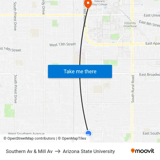 Southern Av & Mill Av to Arizona State University map
