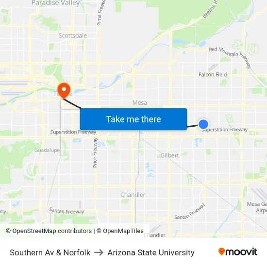 Southern Av & Norfolk to Arizona State University map