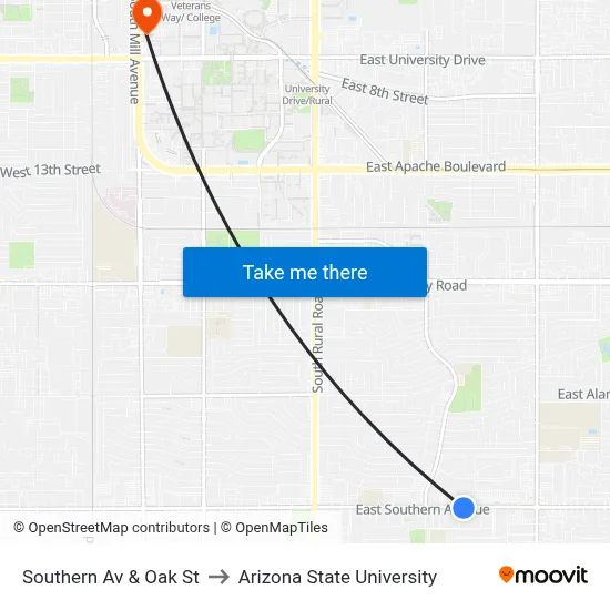 Southern Av & Oak St to Arizona State University map