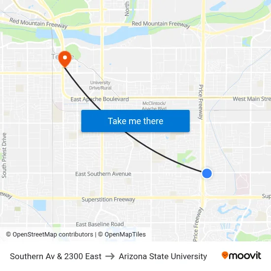 Southern Av & 2300 East to Arizona State University map