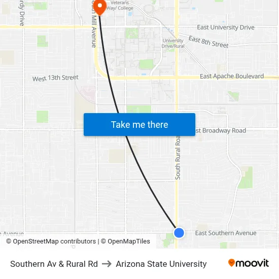 Southern Av & Rural Rd to Arizona State University map