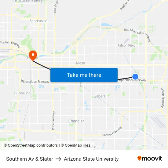 Southern Av & Slater to Arizona State University map