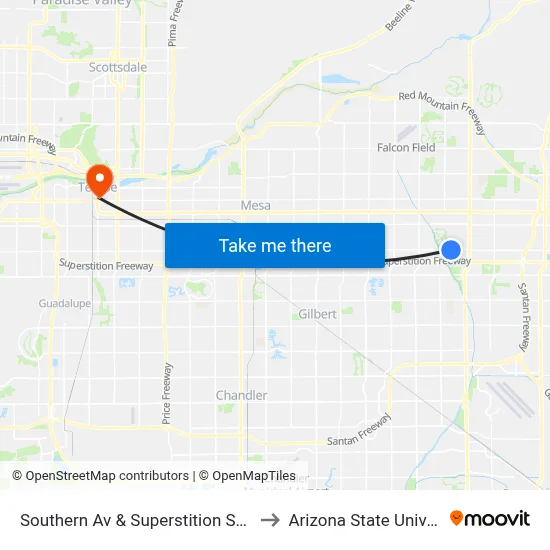 Southern Av & Superstition Spring Bl to Arizona State University map