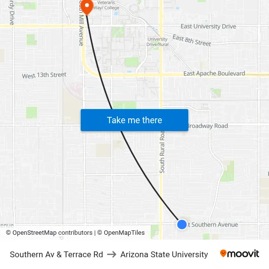 Southern Av & Terrace Rd to Arizona State University map