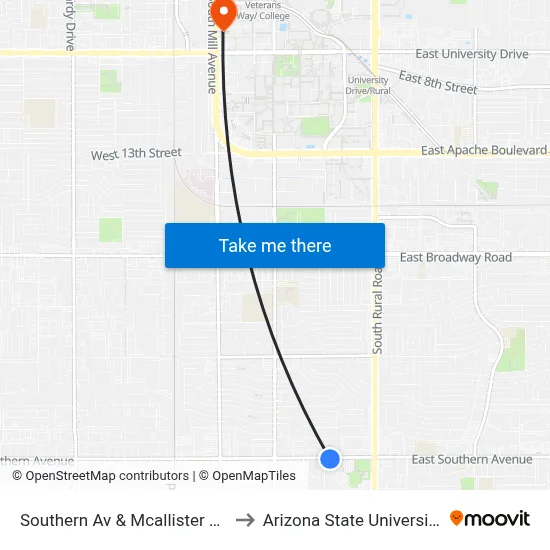 Southern Av & Mcallister Av to Arizona State University map