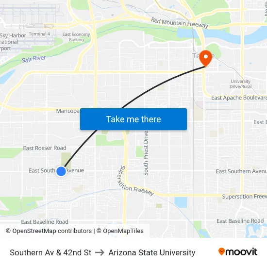 Southern Av & 42nd St to Arizona State University map