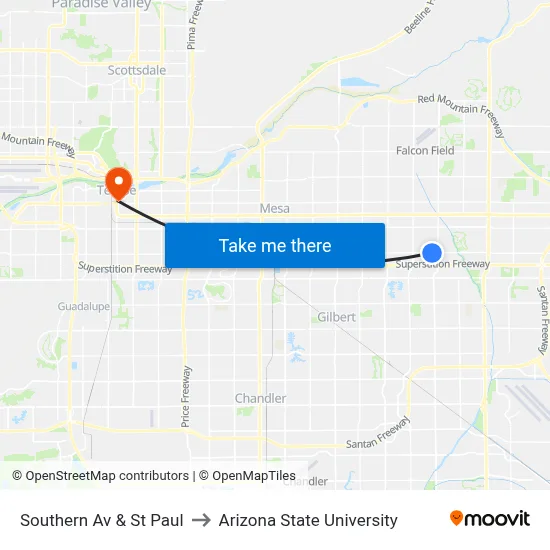 Southern Av & St Paul to Arizona State University map