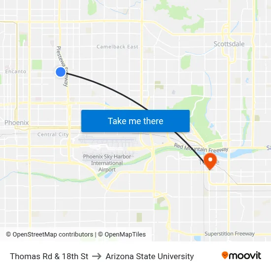 Thomas Rd & 18th St to Arizona State University map