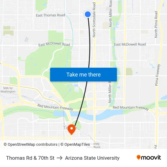 Thomas Rd & 70th St to Arizona State University map