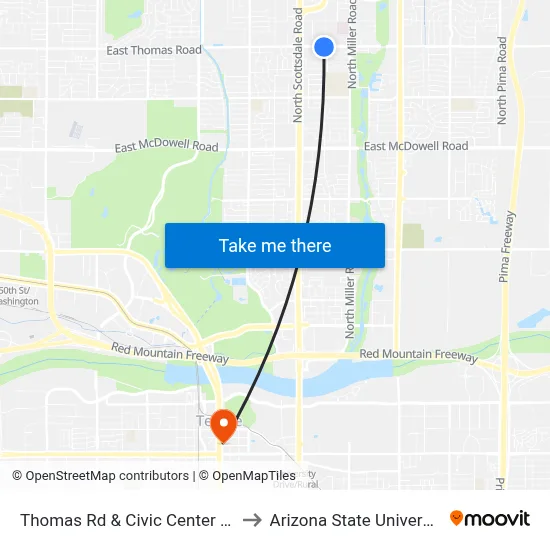Thomas Rd & Civic Center Plz to Arizona State University map