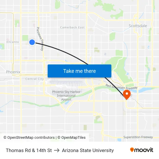 Thomas Rd & 14th St to Arizona State University map
