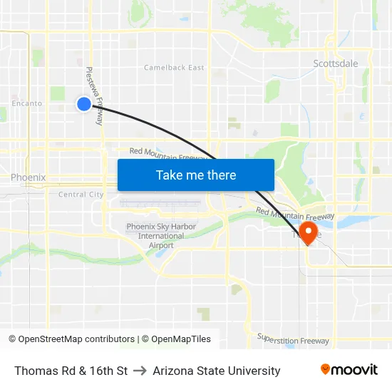 Thomas Rd & 16th St to Arizona State University map