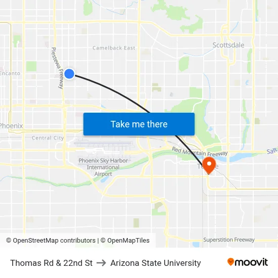 Thomas Rd & 22nd St to Arizona State University map