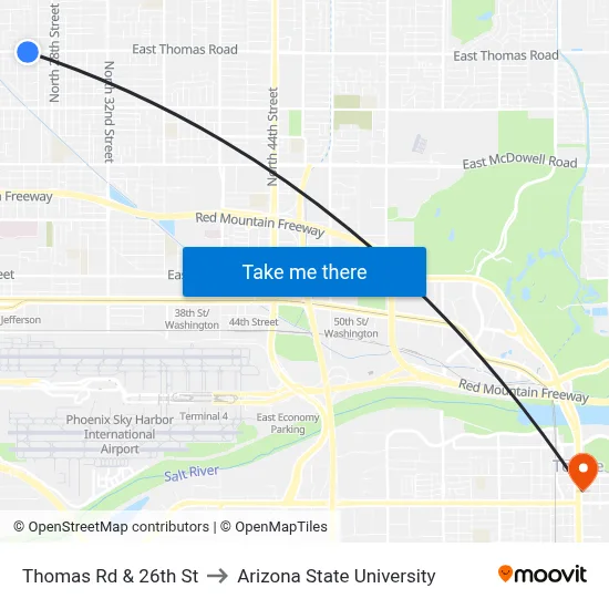 Thomas Rd & 26th St to Arizona State University map