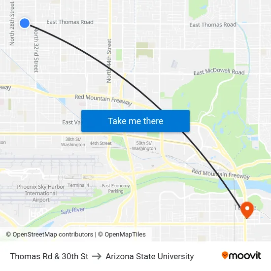 Thomas Rd & 30th St to Arizona State University map