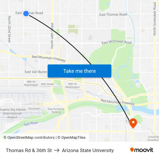 Thomas Rd & 36th St to Arizona State University map
