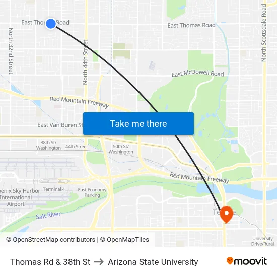 Thomas Rd & 38th St to Arizona State University map