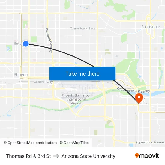 Thomas Rd & 3rd St to Arizona State University map