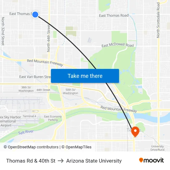 Thomas Rd & 40th St to Arizona State University map