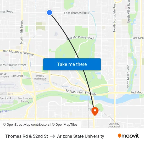 Thomas Rd & 52nd St to Arizona State University map