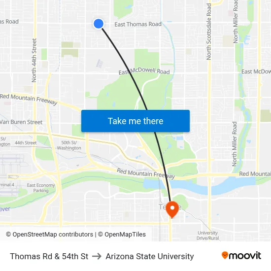Thomas Rd & 54th St to Arizona State University map