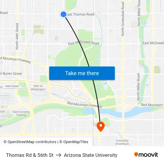 Thomas Rd & 56th St to Arizona State University map