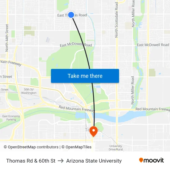 Thomas Rd & 60th St to Arizona State University map